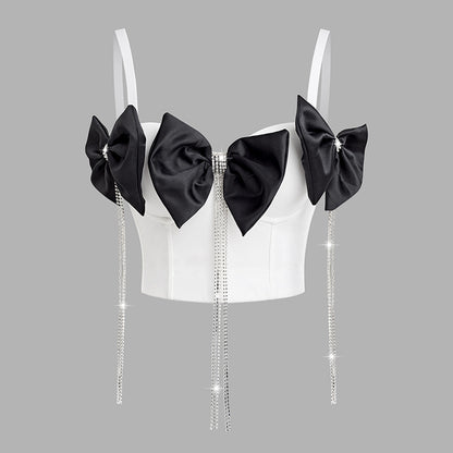 Rhinestone Corset Top for Women – Fishbone Waist Cincher with Bow & Tassel Strap Crop Top