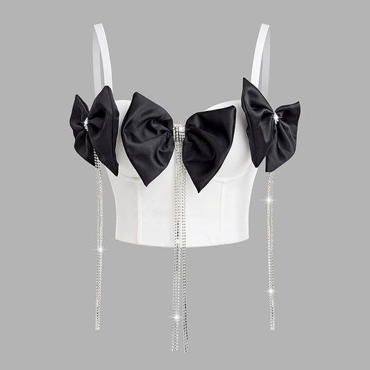 Rhinestone Corset Top for Women – Fishbone Waist Cincher with Bow & Tassel Strap Crop Top