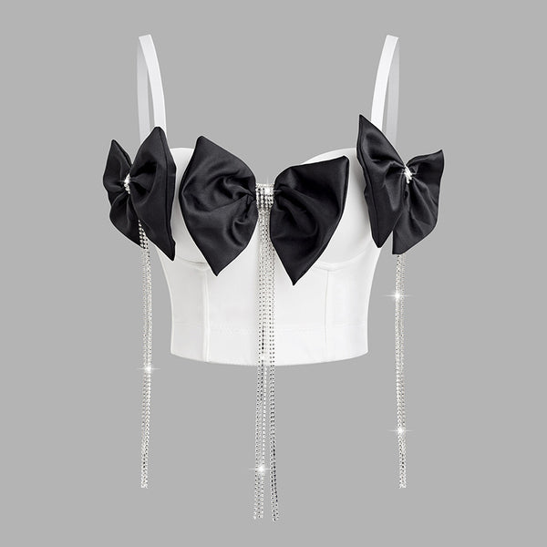 Rhinestone Corset Top for Women – Fishbone Waist Cincher with Bow & Tassel Strap Crop Top