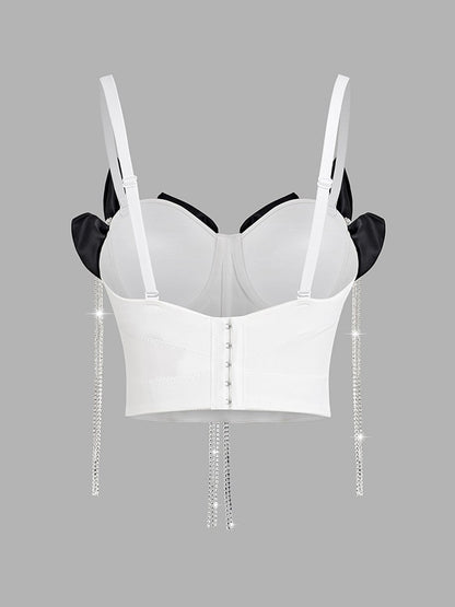 Rhinestone Corset Top for Women – Fishbone Waist Cincher with Bow & Tassel Strap Crop Top