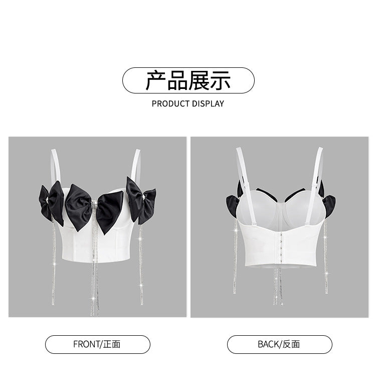 Rhinestone Corset Top for Women – Fishbone Waist Cincher with Bow & Tassel Strap Crop Top
