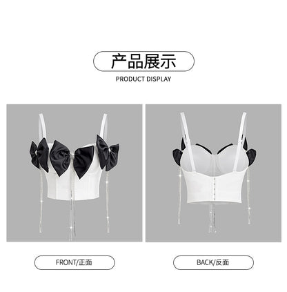 Rhinestone Corset Top for Women – Fishbone Waist Cincher with Bow & Tassel Strap Crop Top