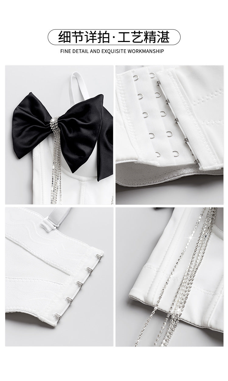 Rhinestone Corset Top for Women – Fishbone Waist Cincher with Bow & Tassel Strap Crop Top