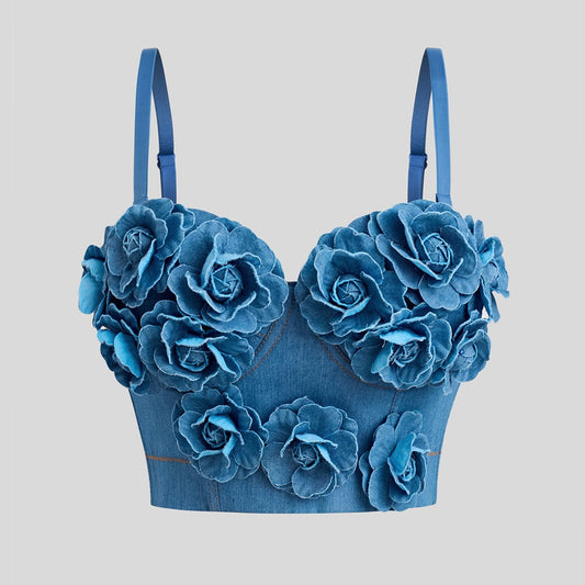 Denim Style Off-Shoulder Camisole Top for Women – Handmade Flower Slim Fit Crop Top