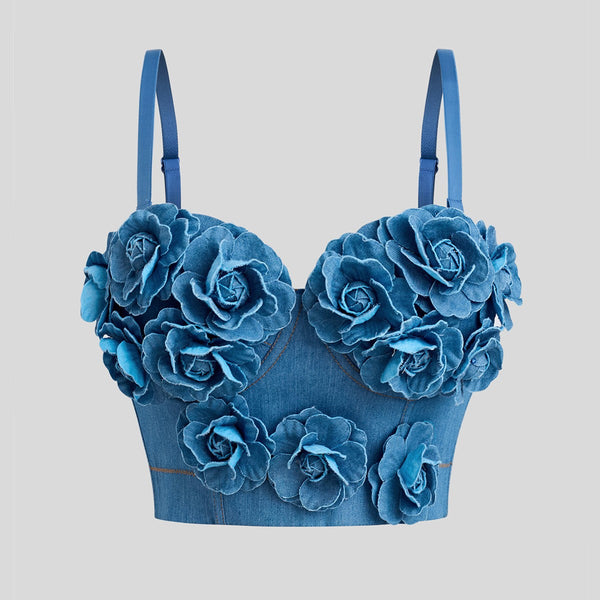 Denim Style Off-Shoulder Camisole Top for Women – Handmade Flower Slim Fit Crop Top