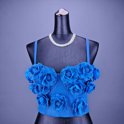 Denim Style Off-Shoulder Camisole Top for Women – Handmade Flower Slim Fit Crop Top
