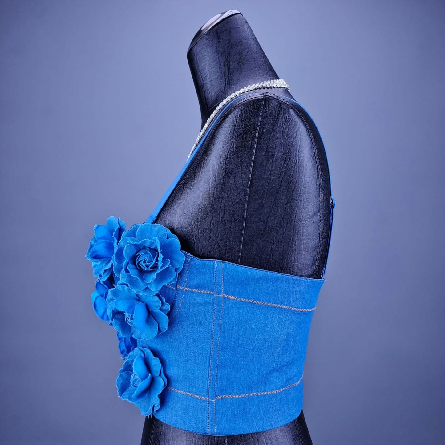 Denim Style Off-Shoulder Camisole Top for Women – Handmade Flower Slim Fit Crop Top