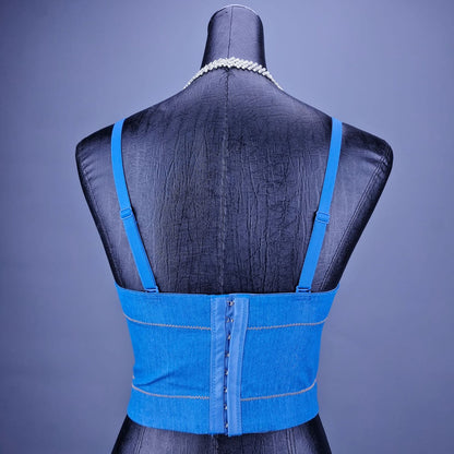 Denim Style Off-Shoulder Camisole Top for Women – Handmade Flower Slim Fit Crop Top