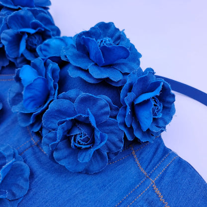 Denim Style Off-Shoulder Camisole Top for Women – Handmade Flower Slim Fit Crop Top