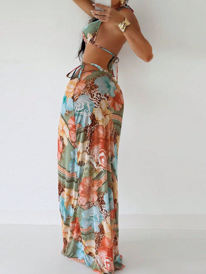 Women's 3-Piece Floral Bikini Set with Long Beach Skirt – European Style Printed Swimsuit