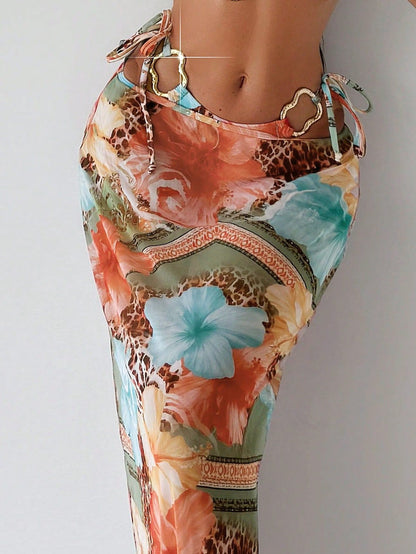 Women's 3-Piece Floral Bikini Set with Long Beach Skirt – European Style Printed Swimsuit