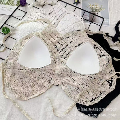 Crochet Knitted Embroidered Backless Butterfly Top