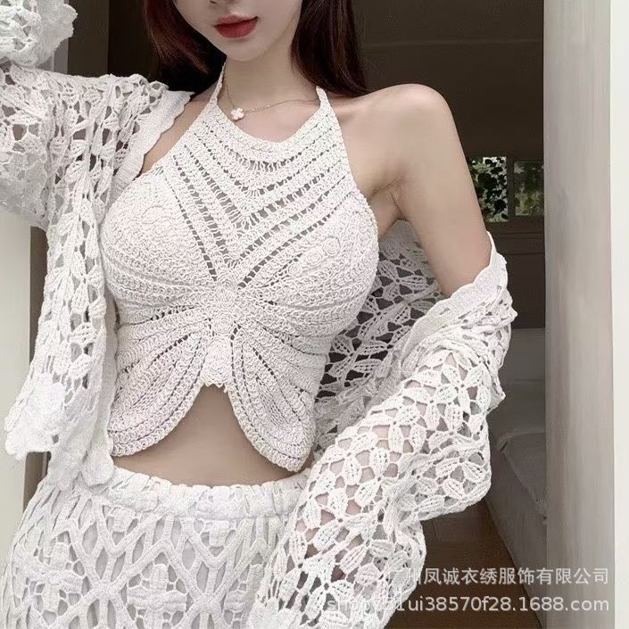 Crochet Knitted Embroidered Backless Butterfly Top