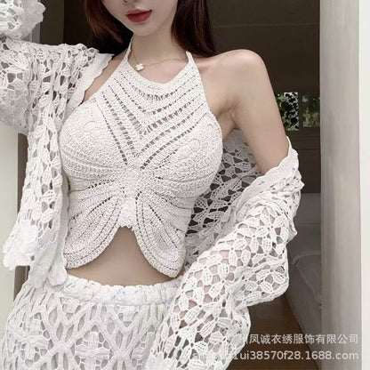 Crochet Knitted Embroidered Backless Butterfly Top