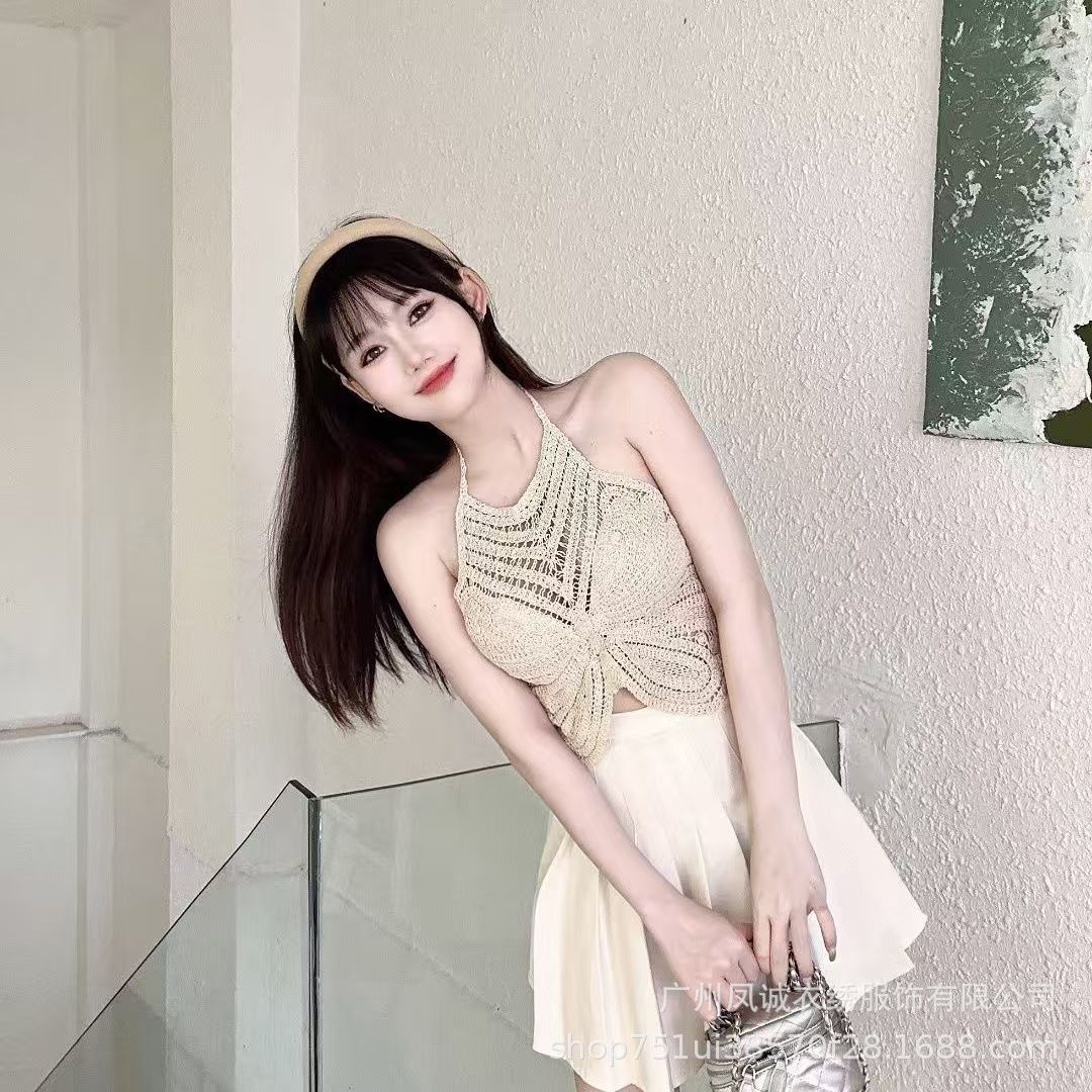 Crochet Knitted Embroidered Backless Butterfly Top