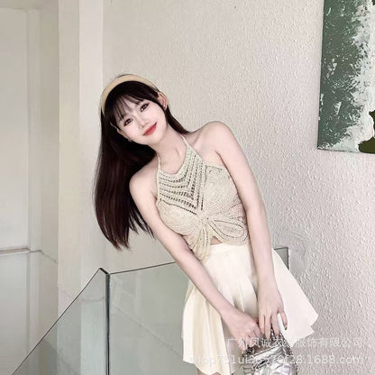 Crochet Knitted Embroidered Backless Butterfly Top