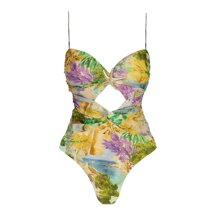 Women's Floral Cutout One-Piece Swimsuit Set with Umbrella Skirt – Resort Style Beachwear