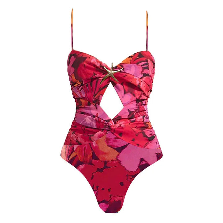 Women's Floral Cutout One-Piece Swimsuit Set with Umbrella Skirt – Resort Style Beachwear