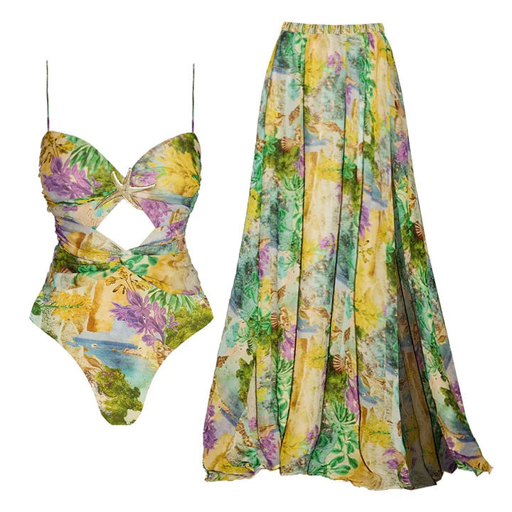 Women's Floral Cutout One-Piece Swimsuit Set with Umbrella Skirt – Resort Style Beachwear