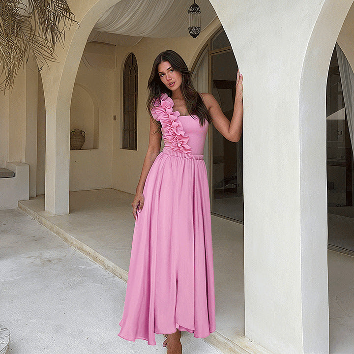 Women's One-Shoulder Ruffle Swimsuit Set with Long Skirt – Elegant Beach Vacation Swimwear