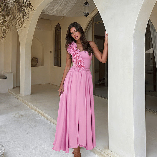 Women's One-Shoulder Ruffle Swimsuit Set with Long Skirt – Elegant Beach Vacation Swimwear