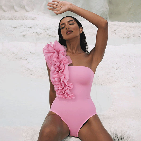 Women's One-Shoulder Ruffle Swimsuit Set with Long Skirt – Elegant Beach Vacation Swimwear