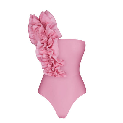 Women's One-Shoulder Ruffle Swimsuit Set with Long Skirt – Elegant Beach Vacation Swimwear