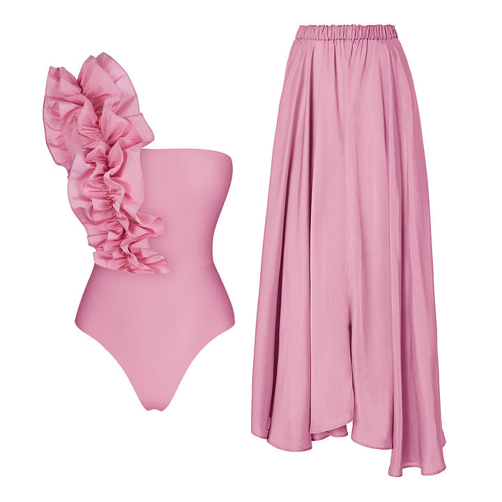 Women's One-Shoulder Ruffle Swimsuit Set with Long Skirt – Elegant Beach Vacation Swimwear