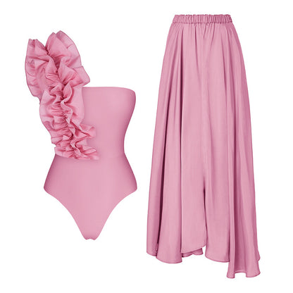 Women's One-Shoulder Ruffle Swimsuit Set with Long Skirt – Elegant Beach Vacation Swimwear