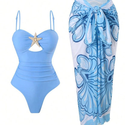 Women's High-Waisted Bikini Skirt Set – Metallic Star Beach Vacation Swimwear