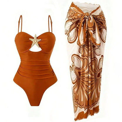 Women's High-Waisted Bikini Skirt Set – Metallic Star Beach Vacation Swimwear