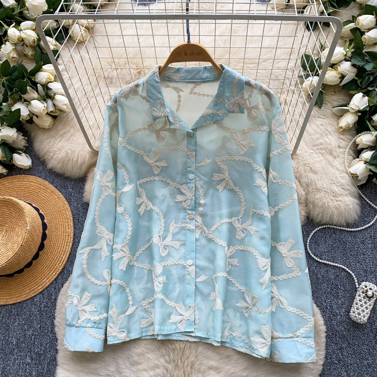 French Style Embroidered Bow Shirt for Women – Korean Long Sleeve Loose Fit Office & Casual Top