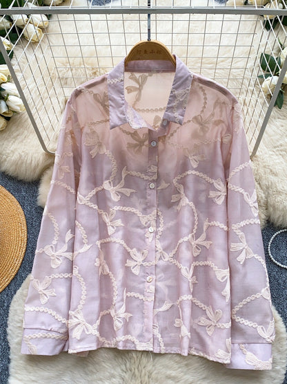 French Style Embroidered Bow Shirt for Women – Korean Long Sleeve Loose Fit Office & Casual Top