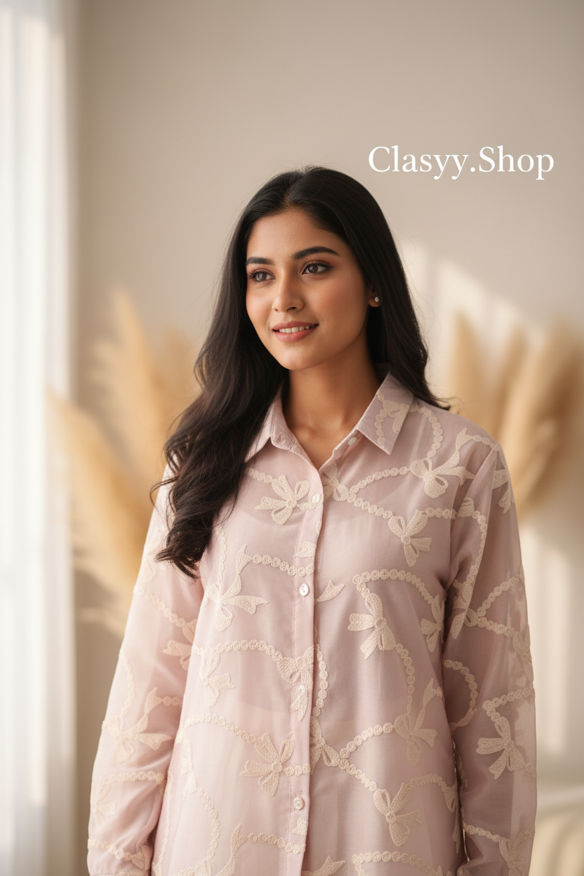 French Style Embroidered Bow Shirt for Women – Korean Long Sleeve Loose Fit Office & Casual Top