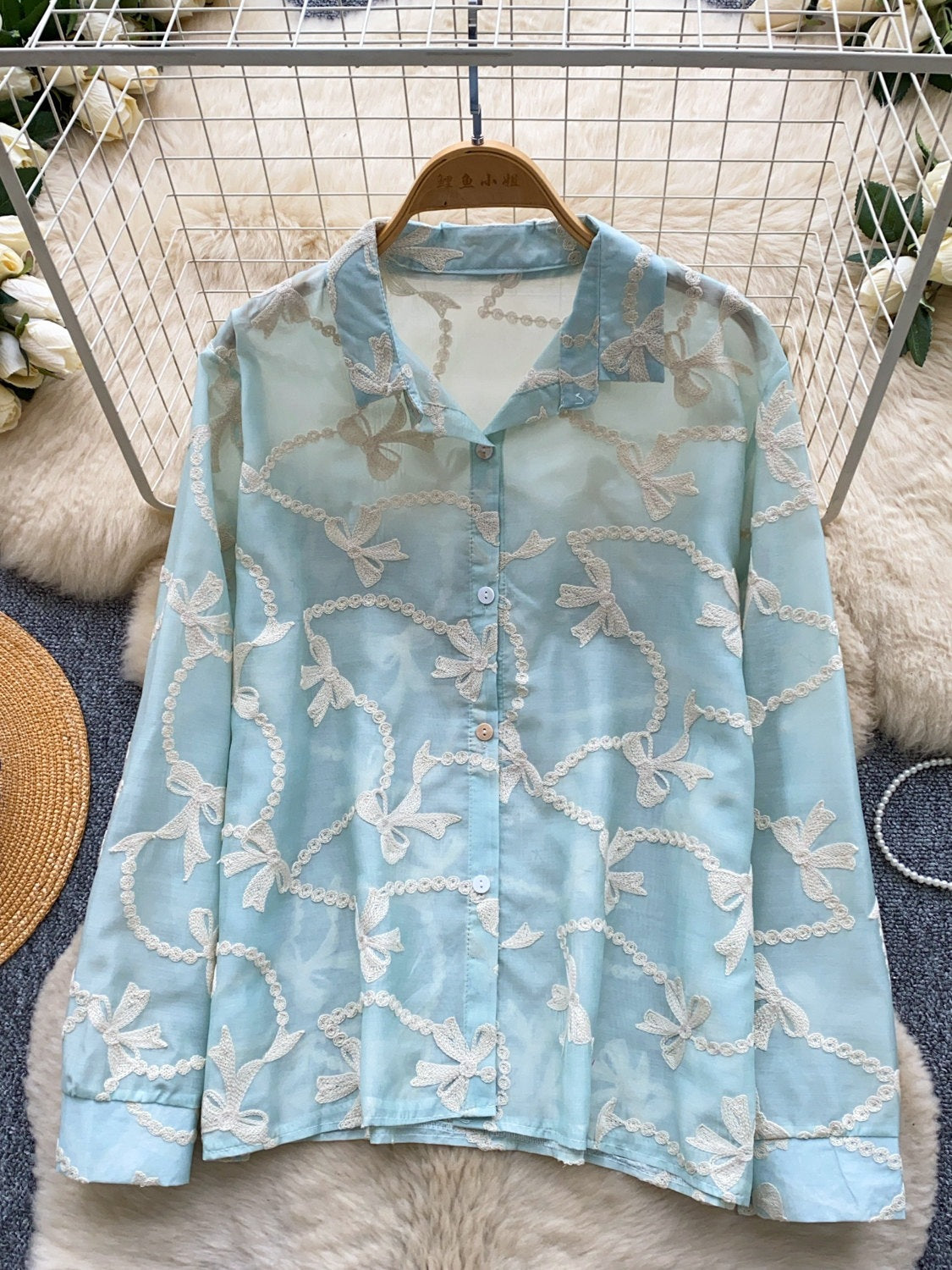French Style Embroidered Bow Shirt for Women – Korean Long Sleeve Loose Fit Office & Casual Top
