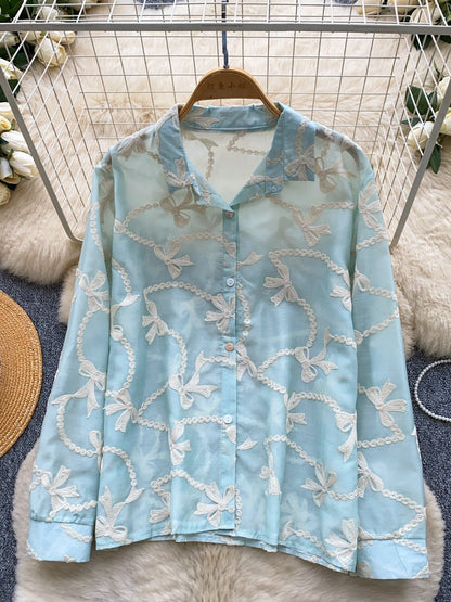 French Style Embroidered Bow Shirt for Women – Korean Long Sleeve Loose Fit Office & Casual Top