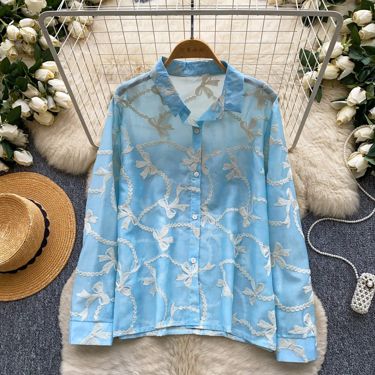 French Style Embroidered Bow Shirt for Women – Korean Long Sleeve Loose Fit Office & Casual Top