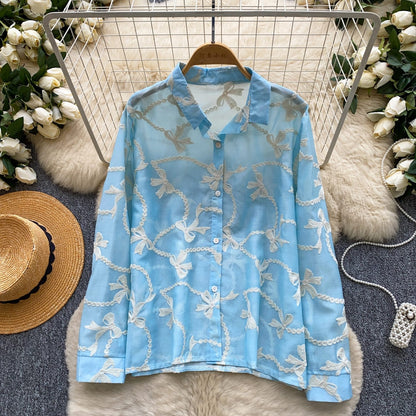 French Style Embroidered Bow Shirt for Women – Korean Long Sleeve Loose Fit Office & Casual Top