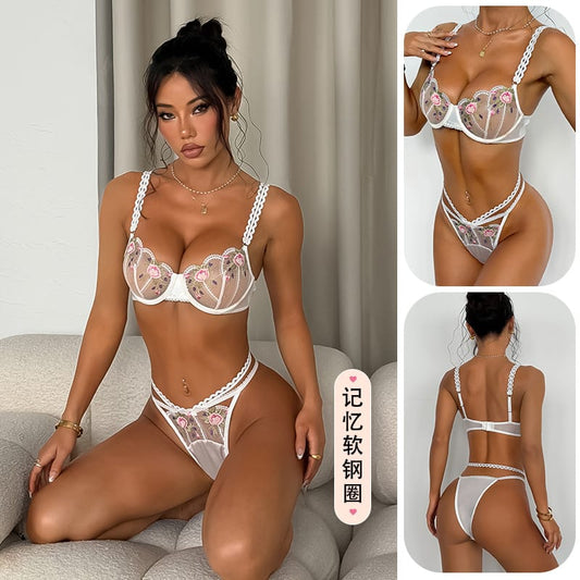 Women's Embroidered Lace Lingerie Set – Soft Underwire Push-Up Bra & Thong