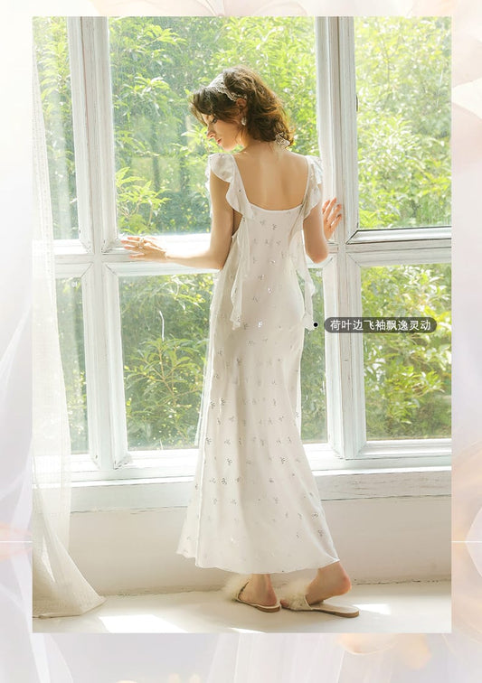 French Satin Long Nightgown for Women – Backless Bow Tie Luxury Sleepwear & Loungewear