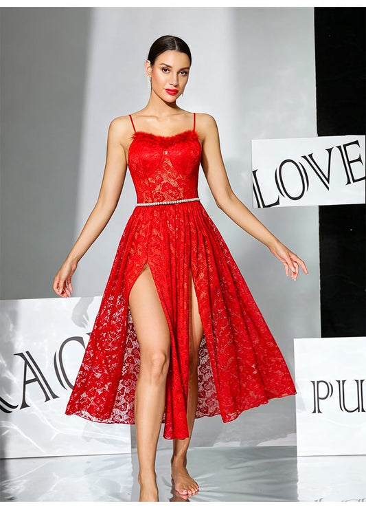 Luxury Lace Long Nightgown for Women – Pearl Waist Chain Halter Split Satin Sleepwear