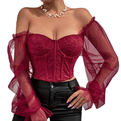Floral Lace Bell Sleeve Crop Top – Slim Fit Open Back Sexy Short Blouse