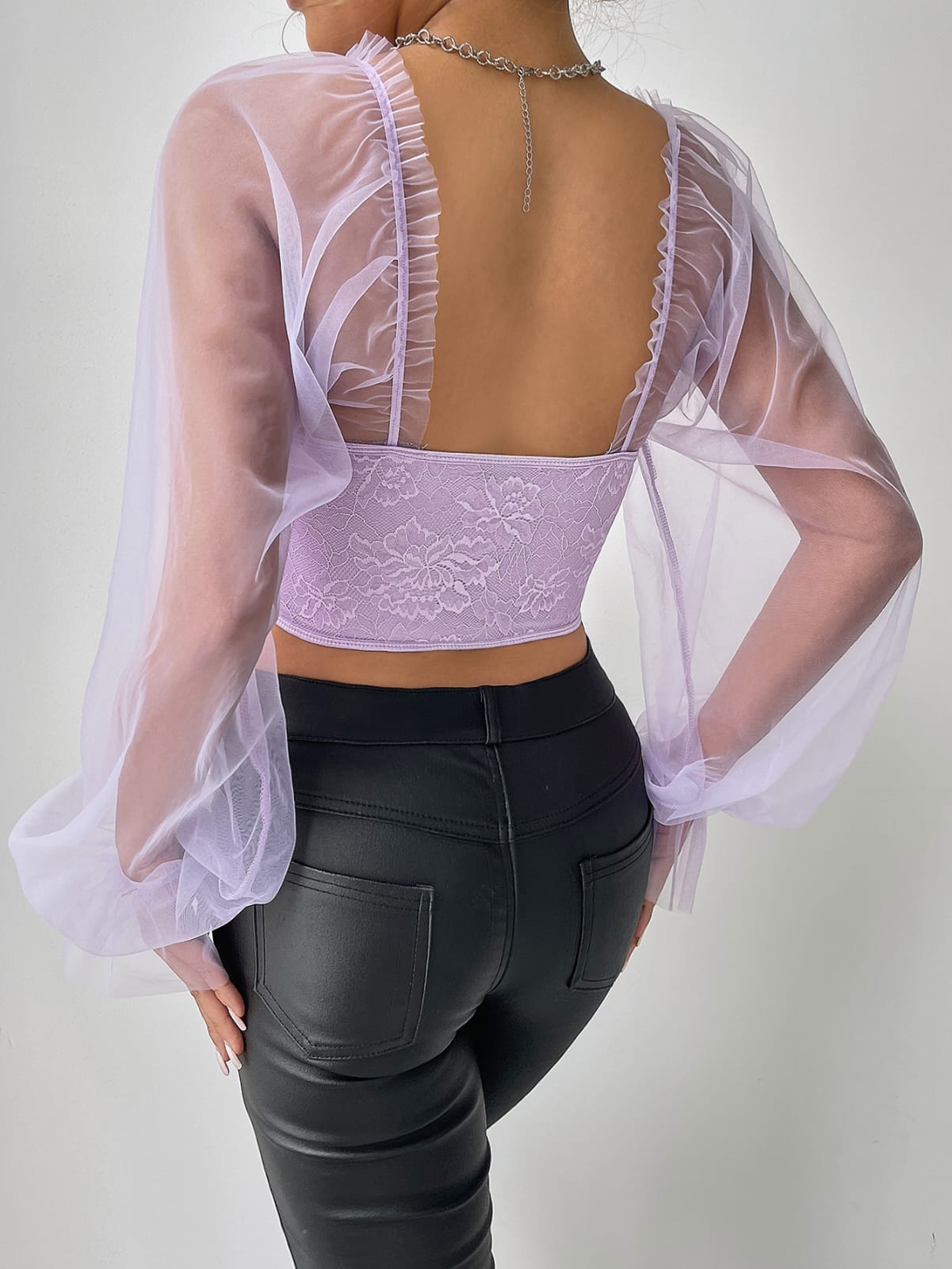 Floral Lace Bell Sleeve Crop Top – Slim Fit Open Back Sexy Short Blouse