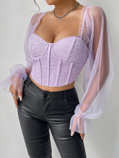 Floral Lace Bell Sleeve Crop Top – Slim Fit Open Back Sexy Short Blouse
