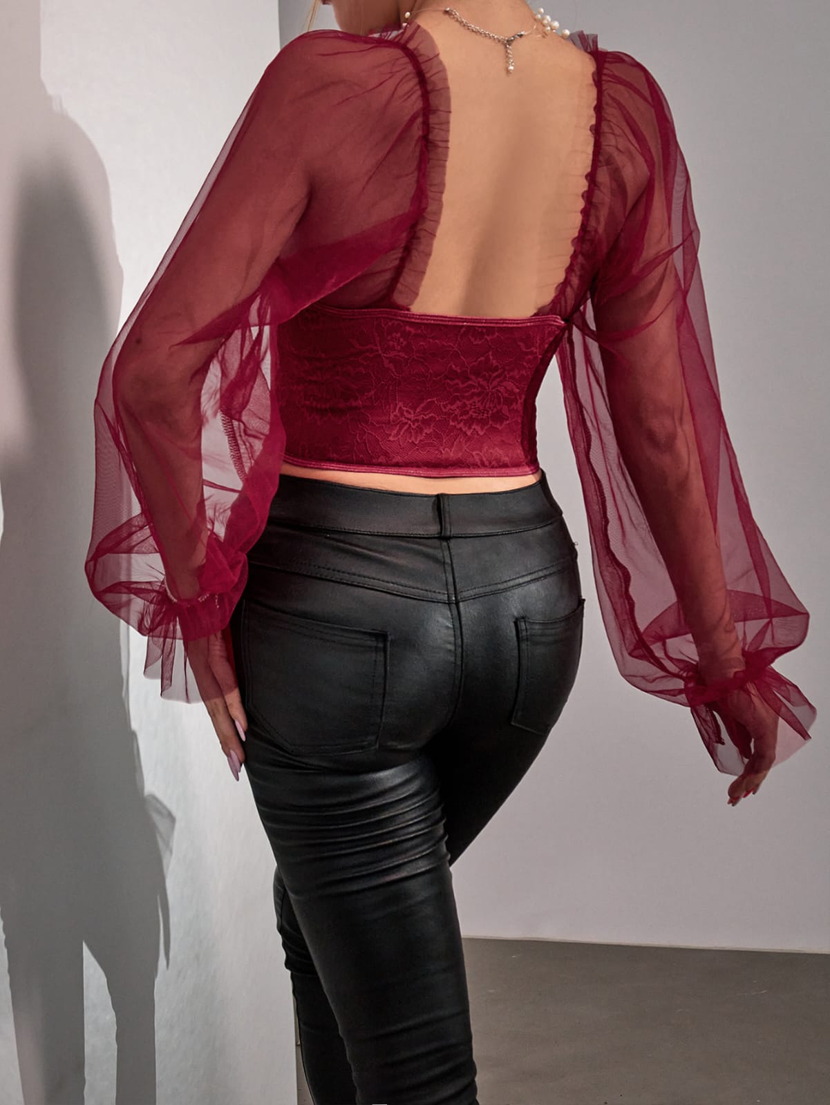 Floral Lace Bell Sleeve Crop Top – Slim Fit Open Back Sexy Short Blouse