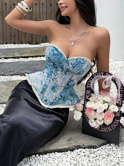 Summer Jacquard Bra Top for Women – Strapless Floral Underwire Crop Top, Beach Vacation Style