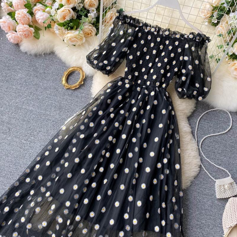 Elegant Daisy Embroidered Mesh Dress for Women – Off-Shoulder Puff Sleeve Summer Maxi Dress