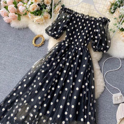 Elegant Daisy Embroidered Mesh Dress for Women – Off-Shoulder Puff Sleeve Summer Maxi Dress