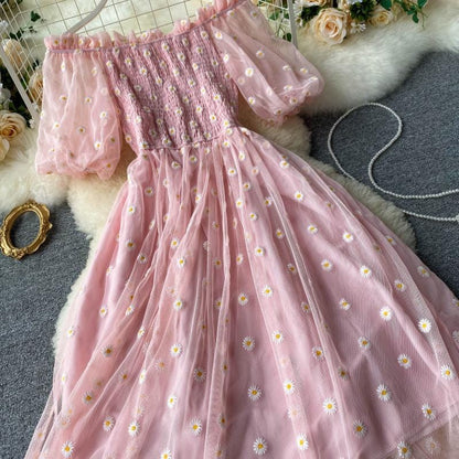 Elegant Daisy Embroidered Mesh Dress for Women – Off-Shoulder Puff Sleeve Summer Maxi Dress