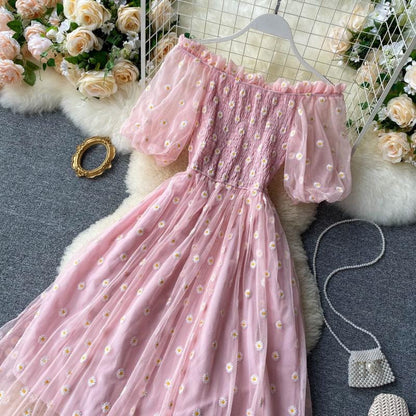 Elegant Daisy Embroidered Mesh Dress for Women – Off-Shoulder Puff Sleeve Summer Maxi Dress